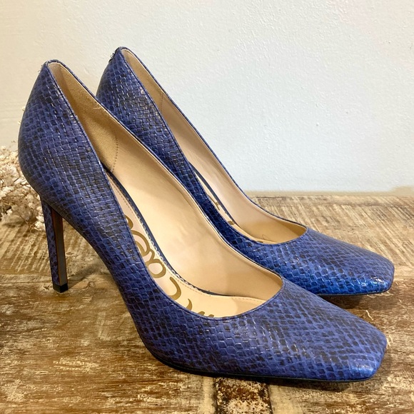 Sam Edelman Navy Blue Snakeprint-Embossed Square Toe Heels 11 Beth Marlin Blue - Picture 2 of 14